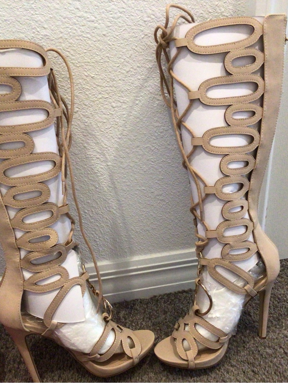 Shoe Dazzle Beige Cutout Lace-Up Heeled Boots